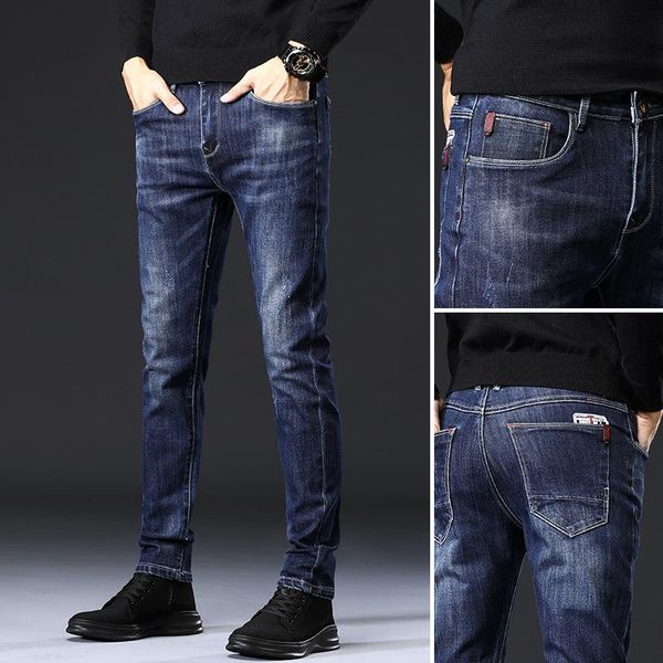 

men's jeans autumn and winter slim casual trousers high end business thickened, Blue
