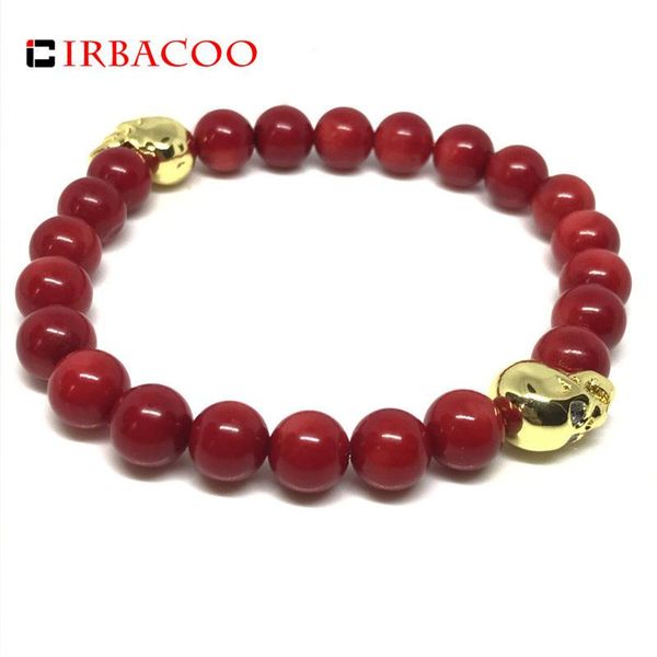 

charm bracelets irbacoo 2021 cool men's bracelet red coral stone with couple skull clear cz eyes for men jewelry gift, Golden;silver