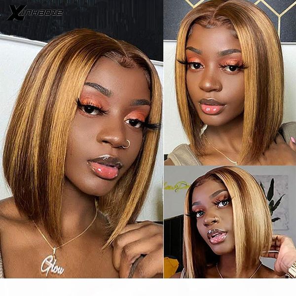 

highlight brown blonde lace front human hair wig 150% density brazilian wig human hair ombre short bob glueless lace wigs, Black;brown