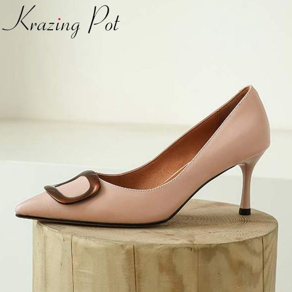 

krazing pot full grain leather pointed toe high heels square buckle decoration summer gentlewomen party wear shallow pumps l00, Black