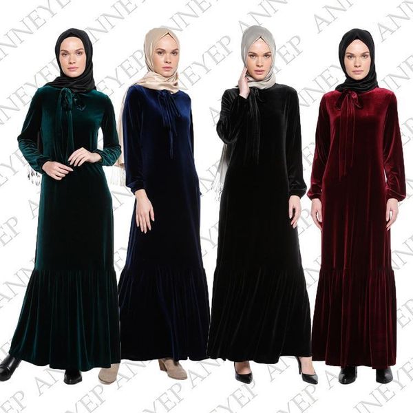 

ethnic clothing fashion velvet muslin solid color robe long sleeve mermaid maxi dress abaya loose ramadan arabia turkish islamic women cloth, Red
