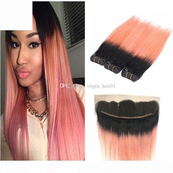 

dark root ombre rose gold two tone human hair weft bundles with full frontals pink ombre hair weaves with 13*4 lace frontal closure, Black;brown