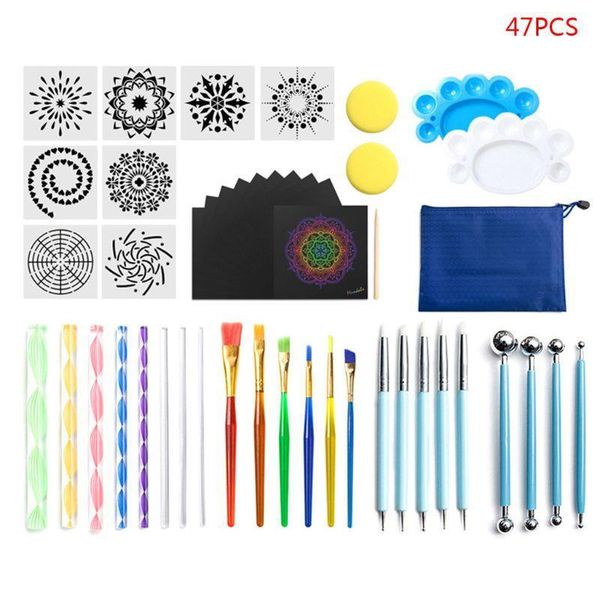 

47pcs/set mandala dotting tools for painting rock stone pen stencil template brush tray kit 47pcs/set qylgql, Silver