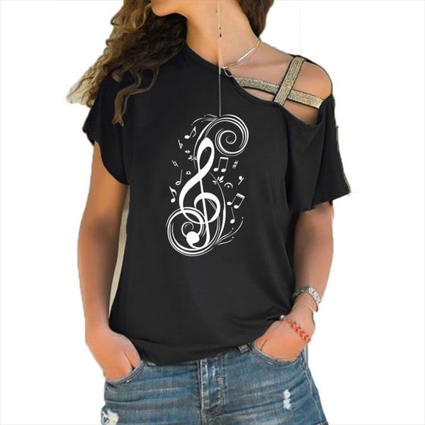 

women musical note graphic t shirt music women fashion new tshirt irregular skew cross bandage cotton tee, White