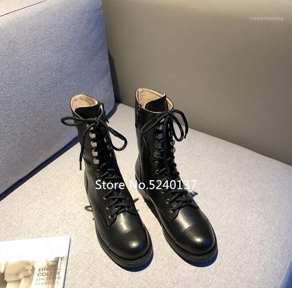 

2020 new european design women mid-calf boots cross-tied side zip round toe genuine leather western boots woman1, Black