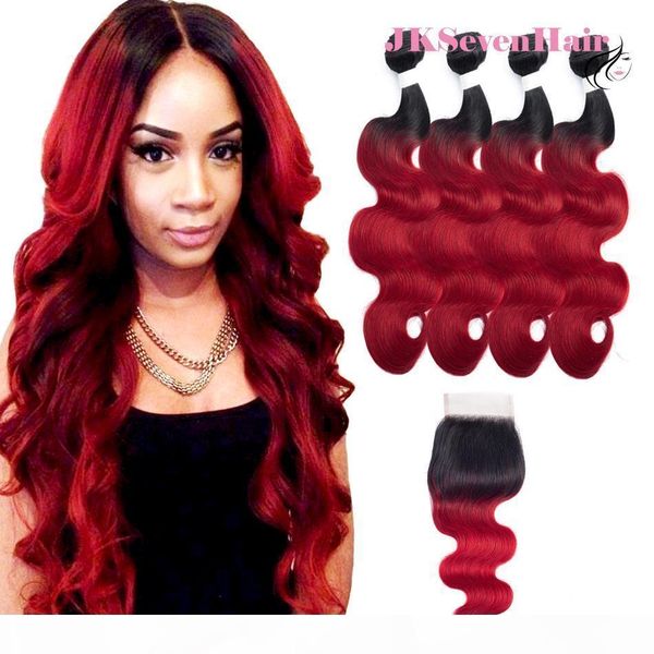 

two tone ombre red body wave brazilian virgin hair bundles 4pcs with 4x4 inch lace closure 1b red peruvian malaysian indian hair extensions, Black
