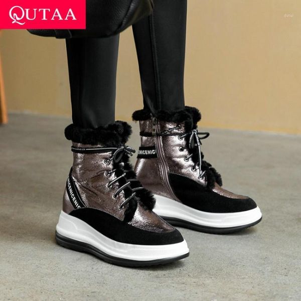 

qutaa 2021 snow boots platform cow suede lace up zipper ankle boots round toe height increasing keep warm women size 34-431, Black