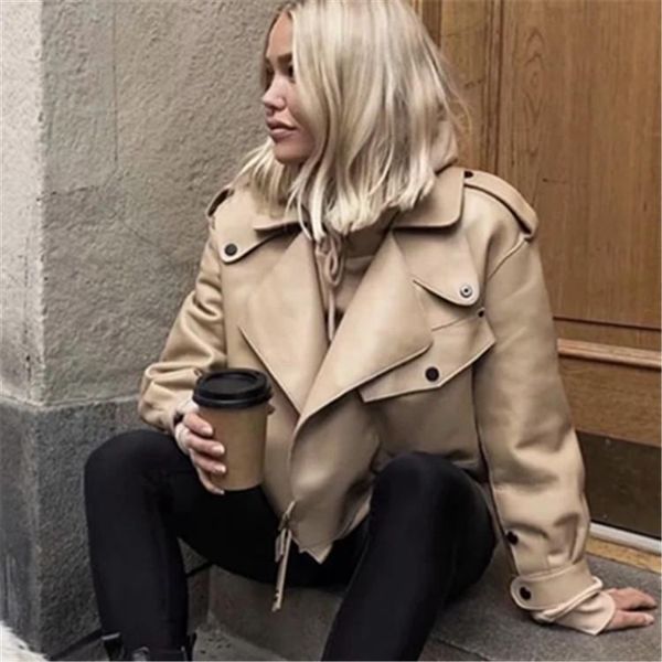 

women's loose lapel leather jacket dark black european and american style loose pu leather jacket profile