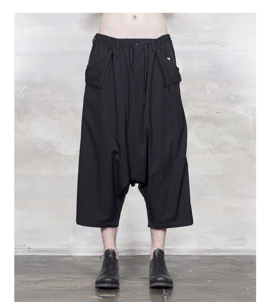 

men's pants black harem inseparate cropped trousers side buckle structure loose tie original designer male