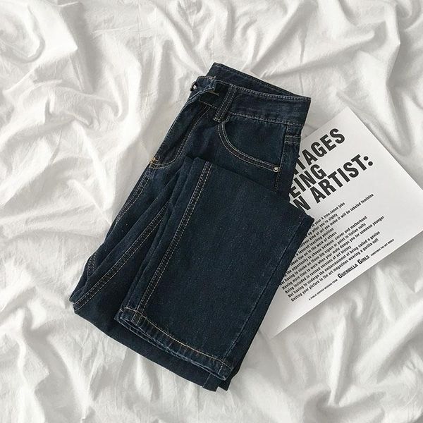 

women's jeans women 2021 indie spring pattern streetwear high waist trouser versatile retro navy blue baggy straight tube pants for