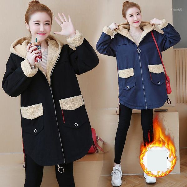 

2020 new large plus size 5xl women's parkas casual medium length plush thickened lamb wool coat loose autumn and winter clothing1, Black