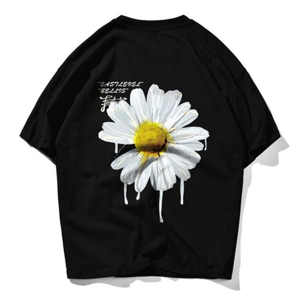 

2021 summer cotton short sleeves the men's neck of doppelgangers flower t casual male hip hop shirt couple hipster oversize ni2h 6wg5, White;black