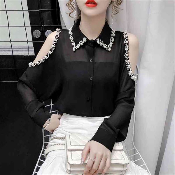 

women spring summer style chiffon blouses lady casual beading off shoulder long sleeve chiffon blusas df3806, White