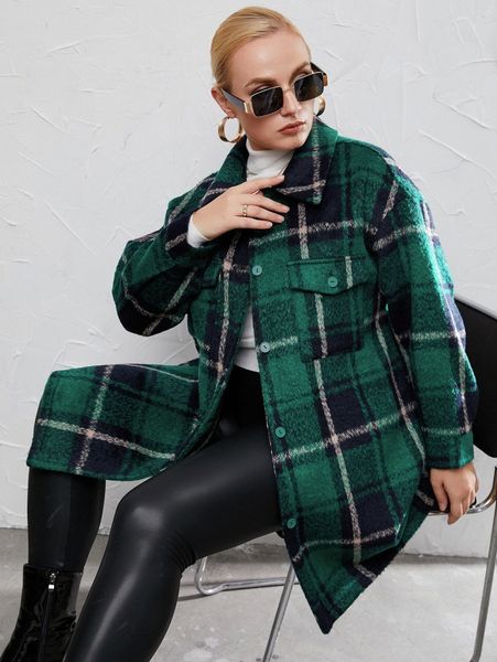 

plus plaid flap pocket drop shoulder overcoat s2fg#, Black