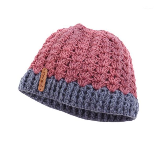 

women winter crochet knit beanie hat contrast color holey messy bun cap d08e1, Blue;gray