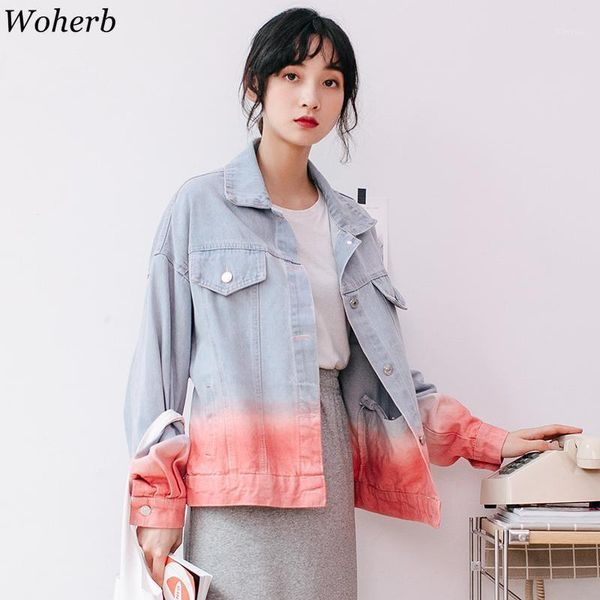 

woherb women's denim jacket 2019 harajuku gradient color jeans jacket autumn winter coat casual vintage streetwear korean modis1, Black;brown