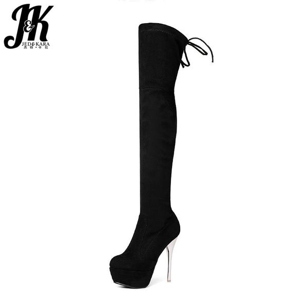 

jk high heels flock woman long boot ladies stiletto over the knee boot fashion platform stretch female shoes autumn women, Black