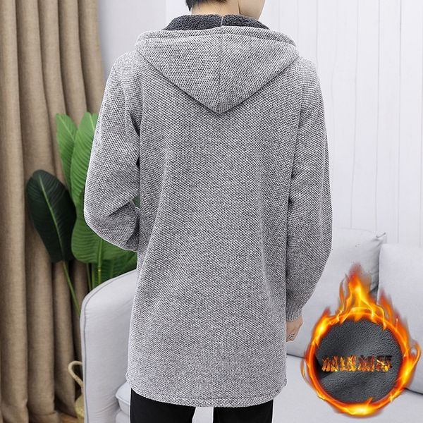 

men's wool cardigan slim fit autumn winter warm thick solid hooded zipper long jackets knitted cotton casual fsashion sweaters 201123, White;black