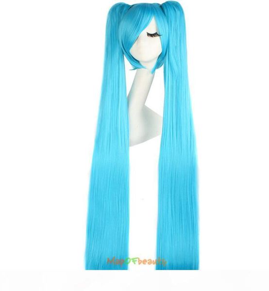 

long straight cosplay wigs blonde blue 2 ponytails 120cm costume party shape claw synthetic false hair women's wig, Black