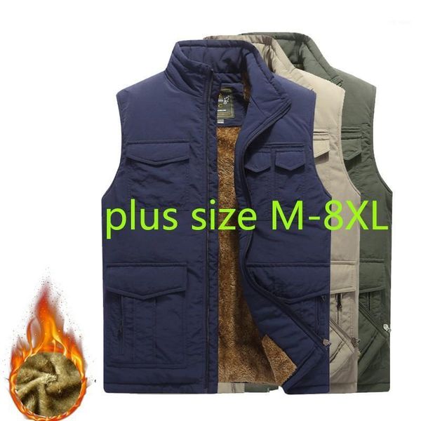 

new arrival fashion men super large plush multi bag thickened warm fishing cotton mandarin collar casual vest plus size m-7xl8xl1, Black;white