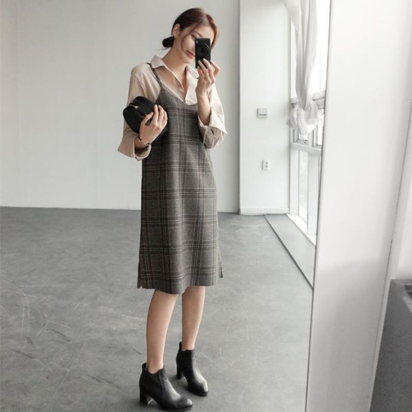 

s xl spring robe femme casual boho casual sleeveless plaid women dresses female dress v neck grid braces robe femme vestido1, Black;gray