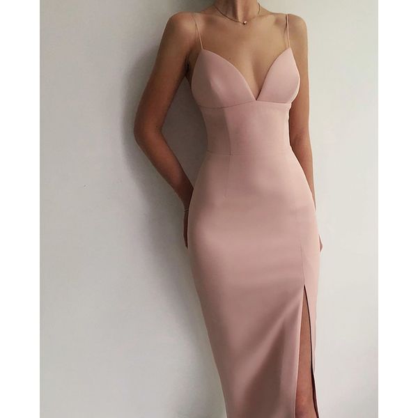 

midi nude v-neck summer dress 2020 new spaghetti strap black white sheath stretch solid party club women dress high quality, White;black