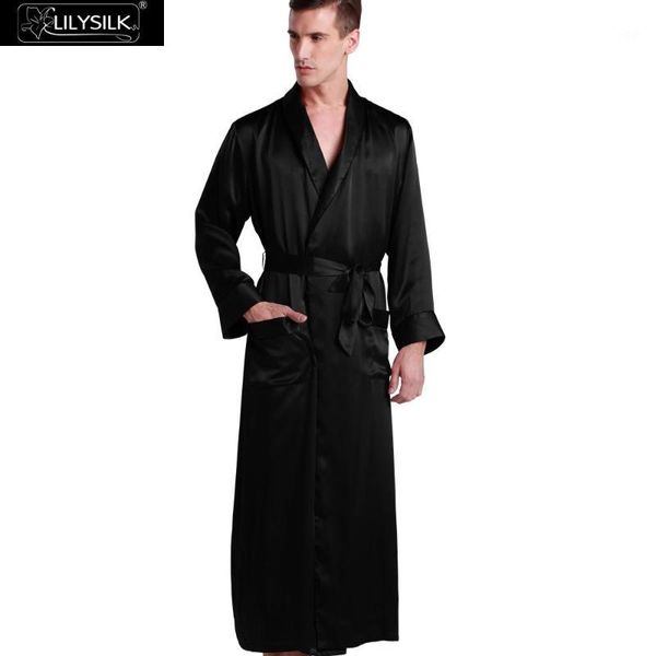 

lilysilk men's 22 momme silk robe contra full length 100% pure silk1, Black;brown