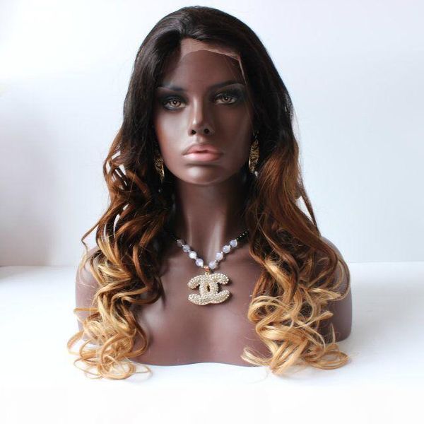 

24inch 130% density mongolian wavy blonde ombre human hair wigs body wave ombre wig three tone color t1b 4 27 for black women, Black;brown
