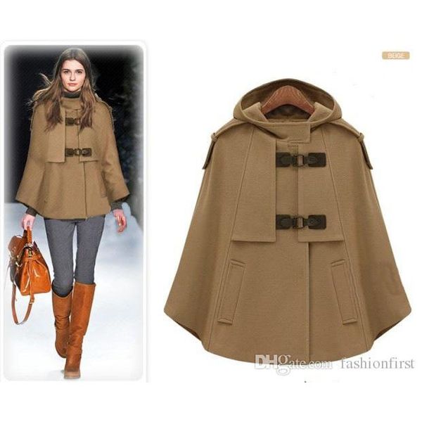 

dark blue cape coat steampunk style wool short jacket with long cape winter design woman's cashmere coat plus size, Black