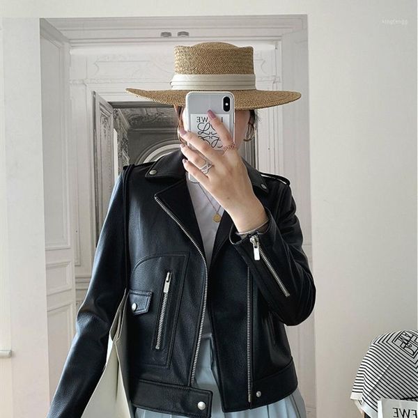 

2020 autumn new leather sheep leather motorcycle jacket coat slim slimming casual fashion short style elegant female jacket1, Black