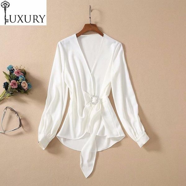 

2020 blouse elegant work spring summer office shirts ladies v-neck crystal beading deco long sleeve white black shirt femme