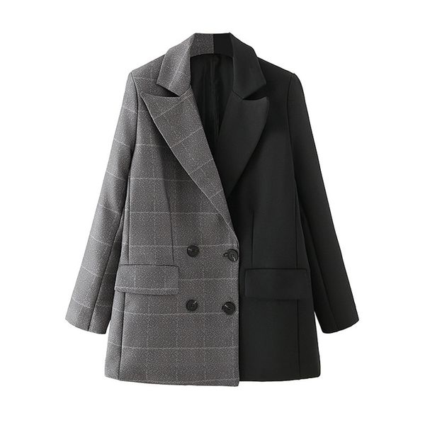 

2021 new elegant women gray plaid patchwork jacket fashion ladies notched collar blazers streetwear female double breasted coat yws5, White;black