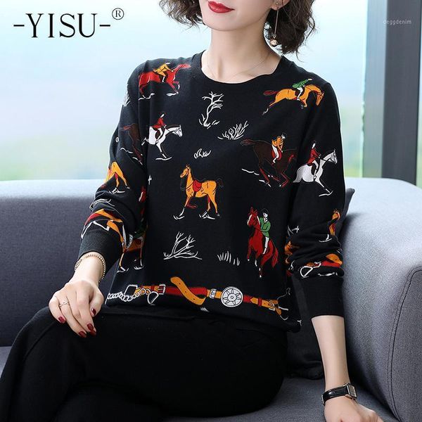 

women's sweaters yisu printed sweater women 2021 autumn winter long sleeve pullover soft knitted ladies casual o-neck jumper 1, White;black
