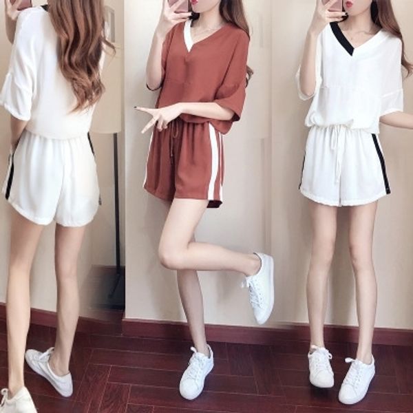 

riu4n sports casual suit women's summer 2020 new leg korean style loose v-neck short and t-shirt sleeve shorts t-shirt wide fashion sho, Gray