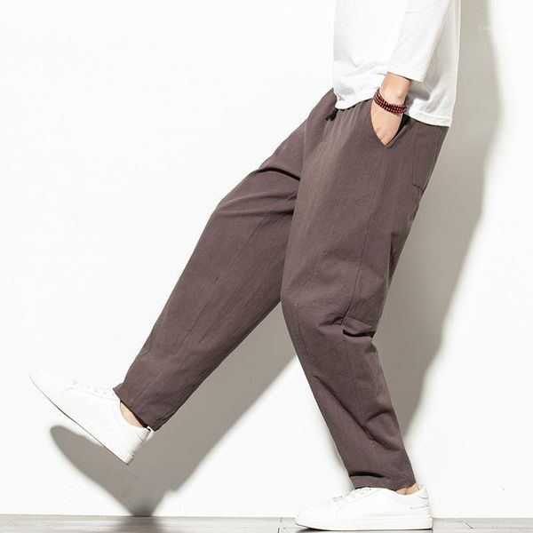 

prowow cotton linen men's pants streetwear joggers pants men fashion 2021 spring loose solid harem men straight trousers1, Black