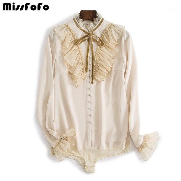 

missfofo 2019 new fashion women's shirt bow solid stand flare sleeve office lady velvet size s-xl, White