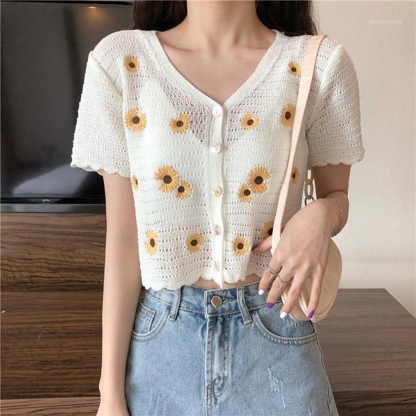 

girls sweet hipster daisy embroidered thin short-sleeved sweater women single-breasted v-neck cardigan1, White