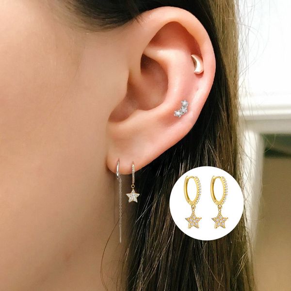 

februaryfrost brand 925 sterling silver crystal star small stud earrings for women jewelry fashion five-pointed star hanging earring party g, Golden;silver