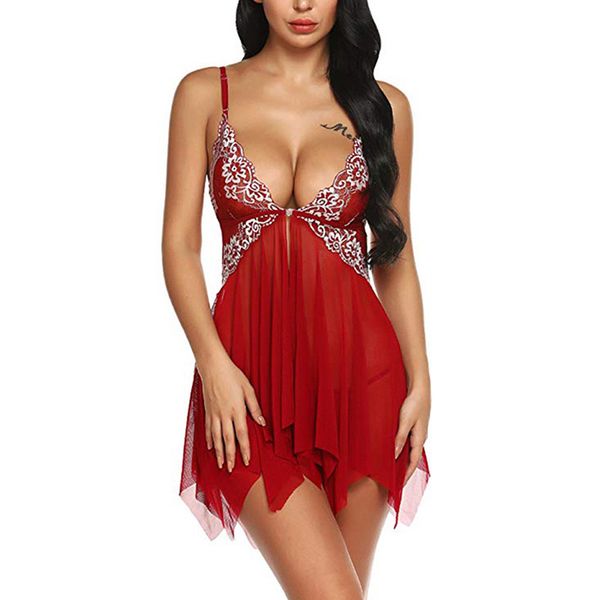 Damen-Dessous mit Blumenmuster, sexy Pyjamas, durchsichtige Nachtwäsche mit V-Ausschnitt, Spitze, Chemise, Nachtwäsche, sexy Babydoll-Geschirr-Pyjamas