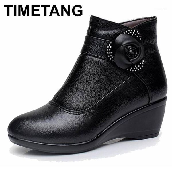 

boots timetang women genuine leather winter warm plush autumn shoes wedge woman ankle1, Black