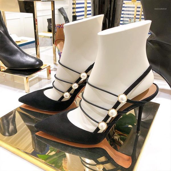 

2020 spring and summer new fine tip high-heeled sandals stretch pearl wild header after the empty shoes1, Black