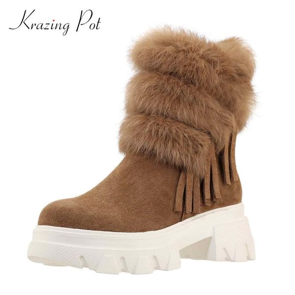 

krazing pot snow boots cow suede fringe round toe thick high heel zipper keep warm daily wear dress ankle boots l40, Black