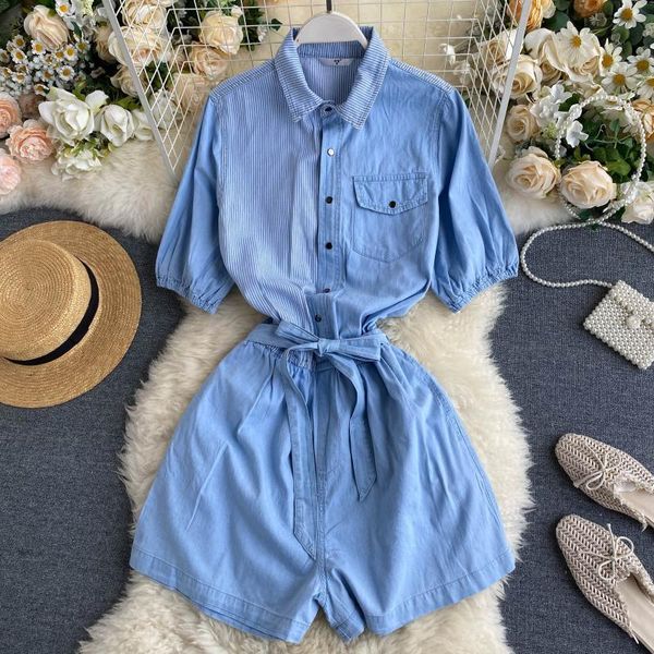 

ewq] 2020 new summer fashion casual laides playsuits patchwork short sleeve high waist slim shirt wide leg shorts romper women, Black;white