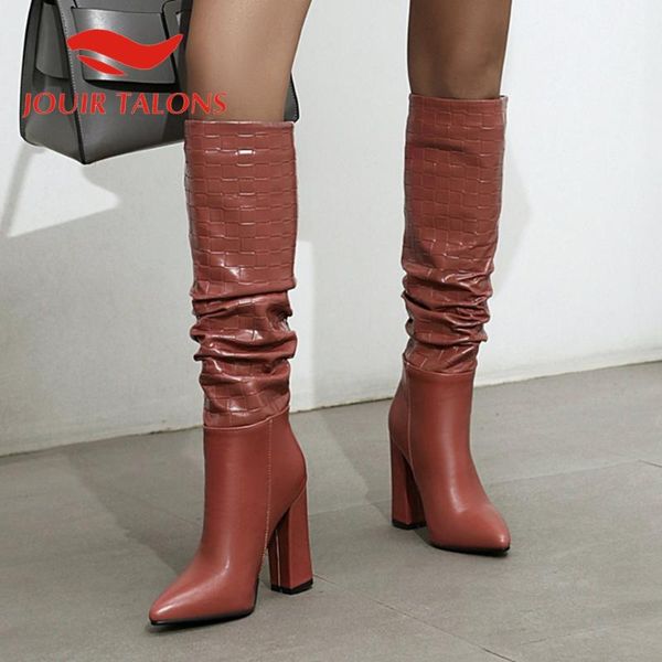 

boots jouir talons brand design women's shoes claccics pointed toe thick heels pleated stone pattern knee high booties, Black