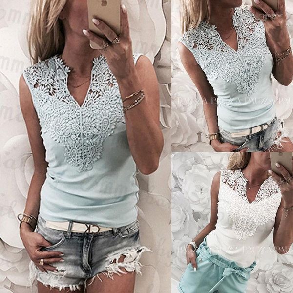 

new 2019 womens boho vest sleeveless loose summer beach casual t-shirt clothes lace floral soft v-neck clothing 1pcs1, White