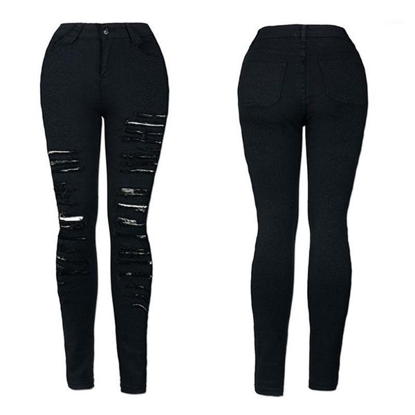 

fashion slim pencil ripped jeans spring vintage high waist casual jeans button women solid color bodycon1, Blue