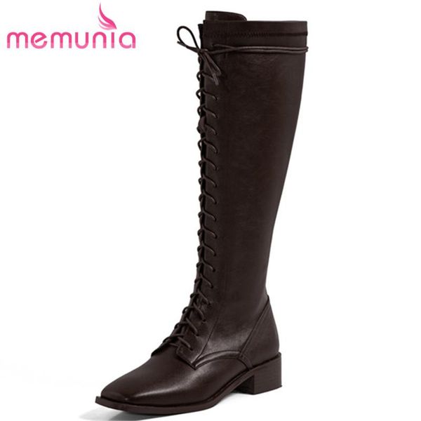 

boots memunia est genuine leather +pu stretch women casual shoes square toe cross tied zip low heel knee high, Black