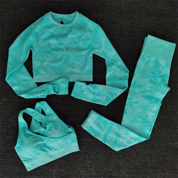 

women yoga set seamless camouflage long sleeves high waist leggings bra fitness sport gym camo suit tight workout pants c0122, Gray
