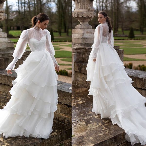 

elegant tiered cascading ruffles a line wedding dresses high neck beads long sleeve bellanaija nigerian arabic country bridal gowns, White