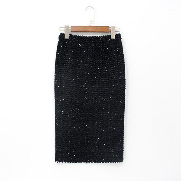 

solid color pack hip skirt pencil skirt sequin stretchy waistline faldas mujer moda midi denim vadim summer skirts c306251, Black
